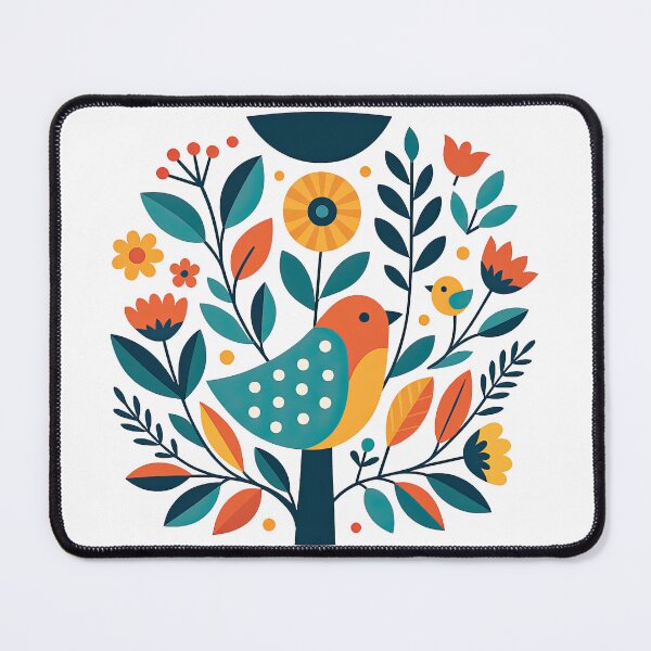 Item preview, Folk Art Bird with Flowers and Leaves Colorful Scandinavian Style designed and sold by ArtfulWeave.