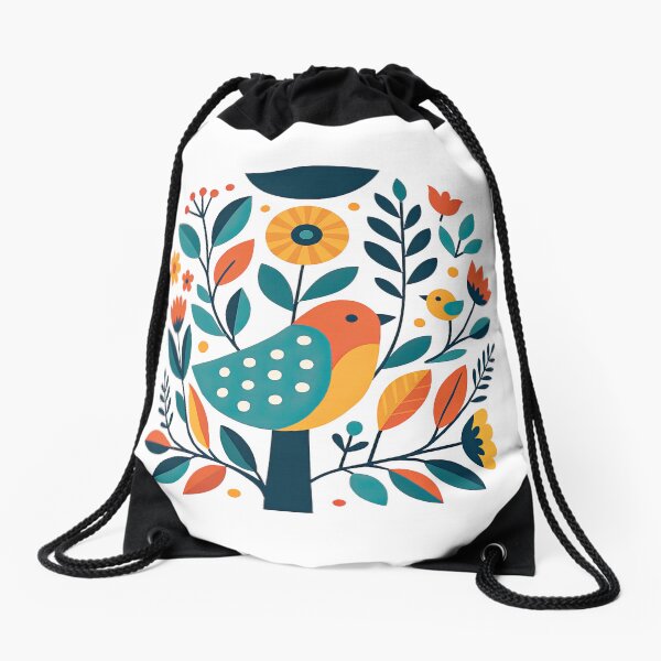 Item preview, Folk Art Bird with Flowers and Leaves Colorful Scandinavian Style designed and sold by ArtfulWeave.