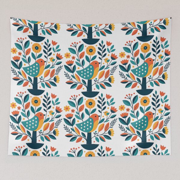 Item preview, Folk Art Bird with Flowers and Leaves Colorful Scandinavian Style designed and sold by ArtfulWeave.