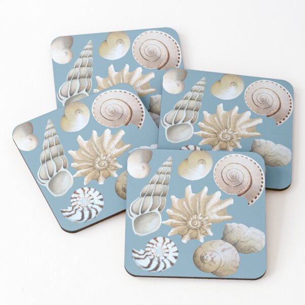 Item preview, Beachcombed Beauties on mid blue - Neutral sea shells designed and sold by LisaLeQuelenec.