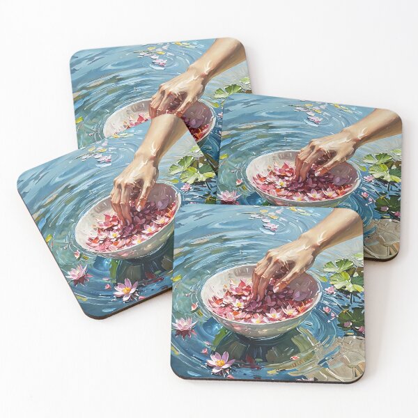 Item preview, Sacred Petal Ritual – Hand Scattering Pink Blossoms Over Blue Water designed and sold by EmeraldeaArt.