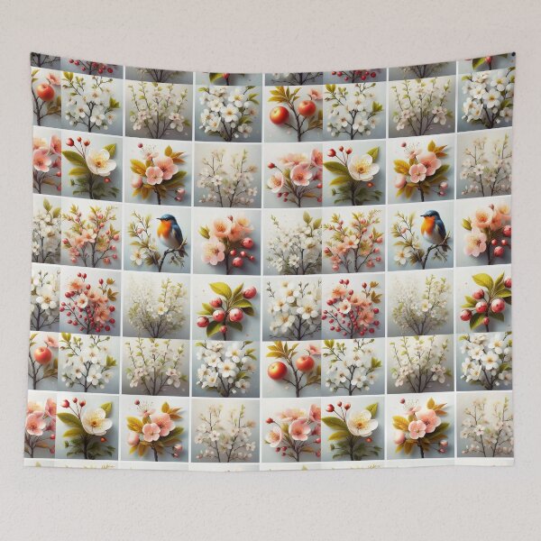 Item preview, Spring Collage 4×4 Grid – Blossoms, Cherry Twigs & Little Bird designed and sold by EmeraldeaDesign.