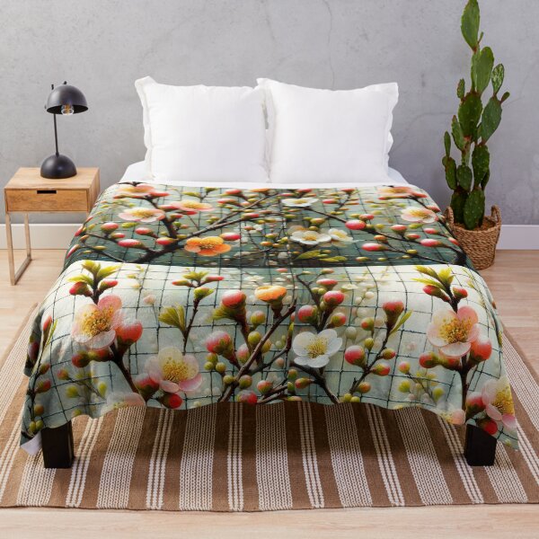 Item preview, Modern Spring Bloom – Cherry Branches Against Wire Fence designed and sold by EmeraldeaDesign.