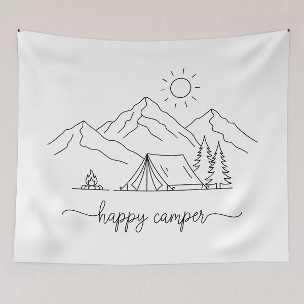 Item preview, Happy Camper - Tent & Campfire, Mountain Sunrise Line Art designed and sold by QuirkySpark.