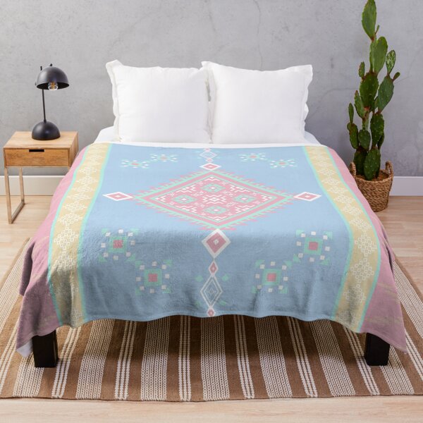 Item preview, Pastel colored geometric pattern with diamond and square shapes on a blue background with pink and yellow side borders designed and sold by Crispifly.