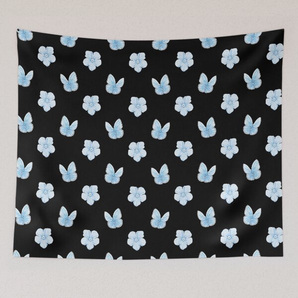 Item preview, Blue Phlox & Butterfly Pattern – Elegant Nature Design on Black designed and sold by DLawsonDesigns.