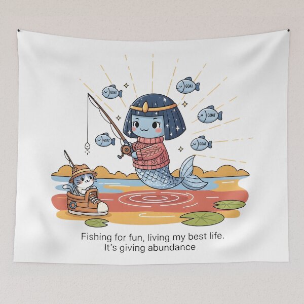 Item preview, Fishing For Fun Living My Best Life Abundance Mindset Cute Mermaid Cat Art designed and sold by AnnDesignStudio.