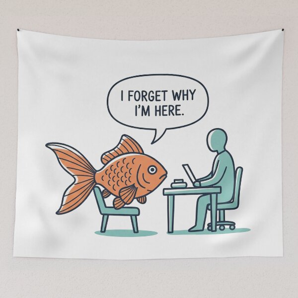 Item preview, I Forget Why I'm Here Goldfish at Desk designed and sold by Owcomm.