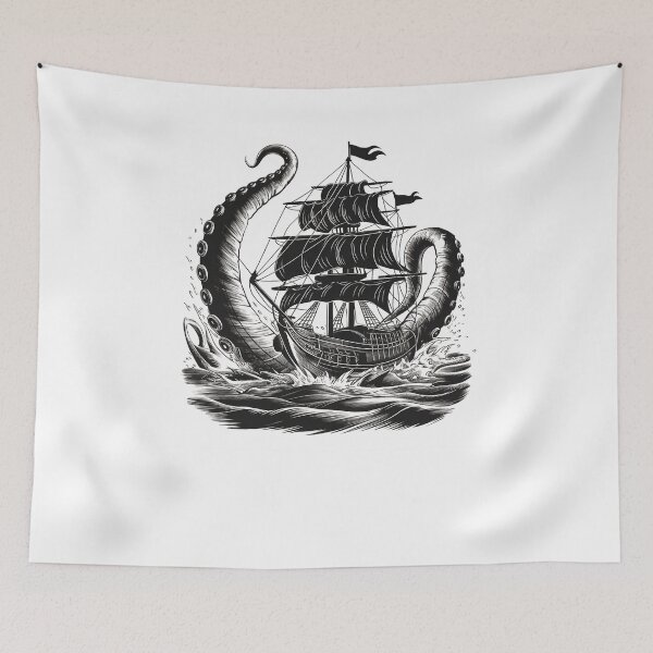 Item preview, Modern Trendy Vintage Kraken Octopus Sea Monster attacking ship illustration designed and sold by SOUFIANE1991.