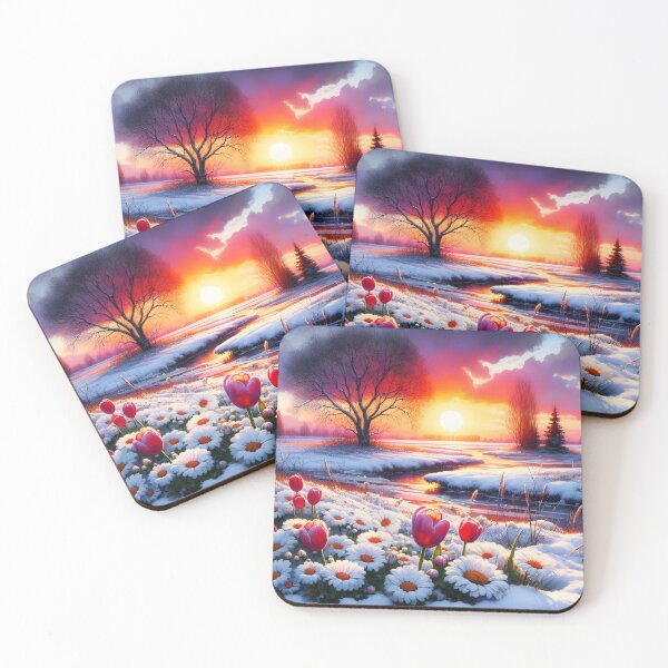 Item preview, Tulips in the Snow – End of Winter by a Sunset Brook designed and sold by EmeraldeaArt.
