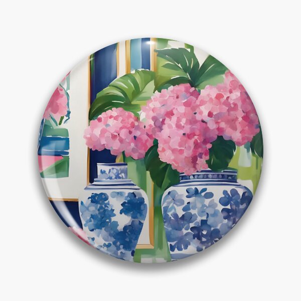 Item preview, Grandmillennial art, pink hydrangea in ginger jars in chinoiserie interior, watercolor designed and sold by SophieClimaArt.