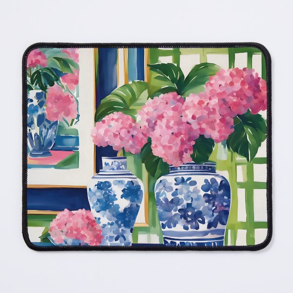 Item preview, Grandmillennial art, pink hydrangea in ginger jars in chinoiserie interior, watercolor designed and sold by SophieClimaArt.