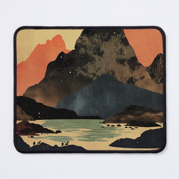 Item preview, Abstract Mountain Range - Retro Surreal Landscape Print with Minimal Hikers & Golden Sky designed and sold by TypeSenpai99.