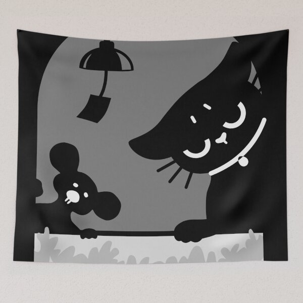 Item preview, Curious Black Cat & Mouse Friends with Wind Chime in Black and White designed and sold by OzzyMac.