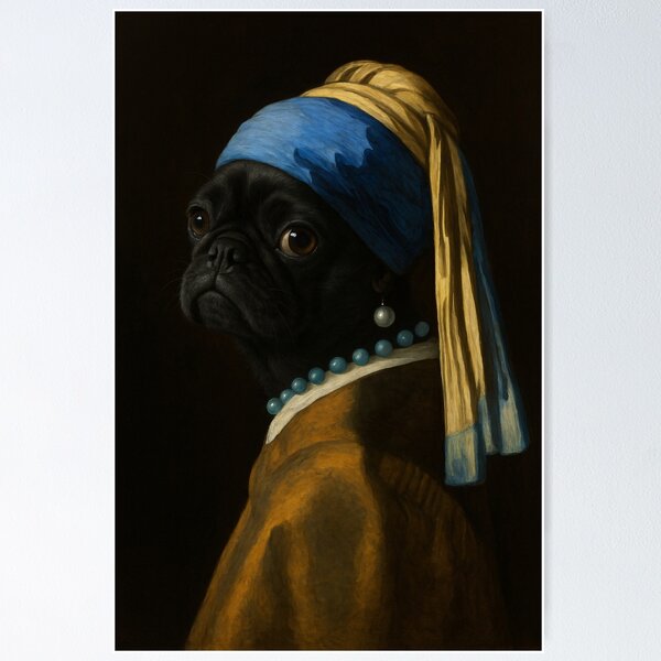Item preview, Black Pug Dog Girl Pearl Earing Painting Art Mom Dad Kids designed and sold by rafaeltto.
