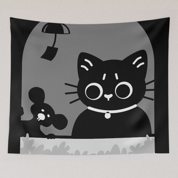 Item preview, Curious Black Cat & Mouse Friends with Wind Chime V.4 in Black and White designed and sold by OzzyMac.