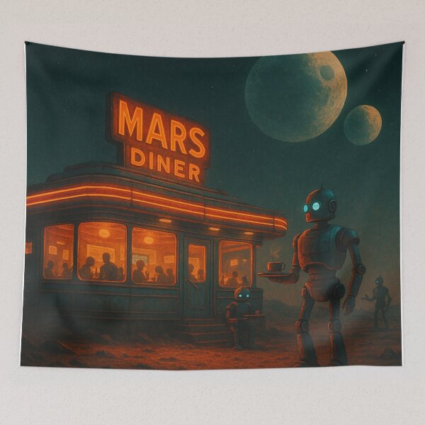 Item preview, Retro Martian Diner – Robots Under Twin Moons designed and sold by holaitssher.