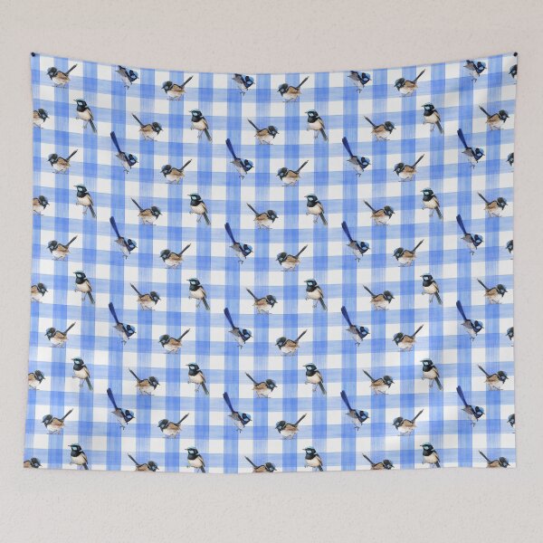 Item preview, Fairy Wrens on Checkered Blue pattern designed and sold by Nadya Neklioudova.