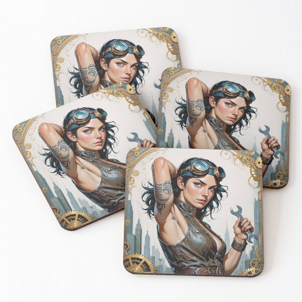 Item preview,  Steampunk Girl with wrench wearing a leather vest on a detailed industrial background designed and sold by Vintage Designs +.