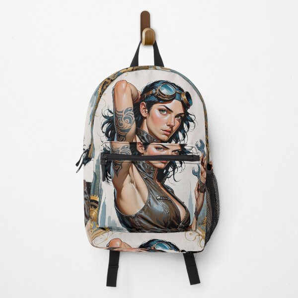 Item preview,  Steampunk Girl with wrench wearing a leather vest on a detailed industrial background designed and sold by Vintage Designs +.