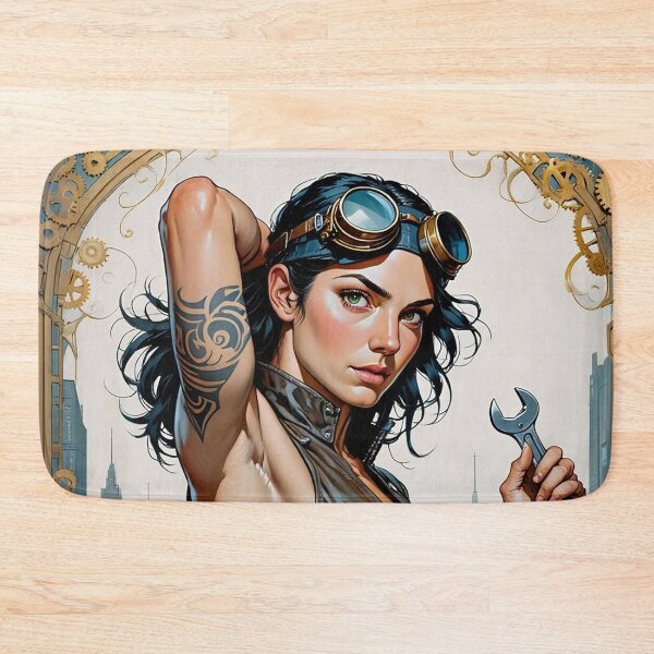 Item preview,  Steampunk Girl with wrench wearing a leather vest on a detailed industrial background designed and sold by Vintage Designs +.