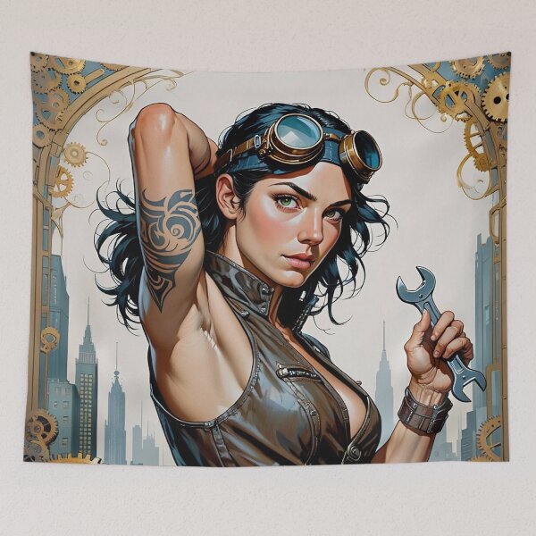 Item preview,  Steampunk Girl with wrench wearing a leather vest on a detailed industrial background designed and sold by Vintage Designs +.