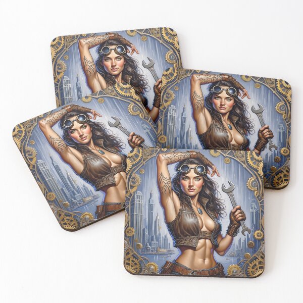 Item preview, Steampunk Girl with wrench wearing a leather vest on a detailed industrial background designed and sold by Vintage Designs +.