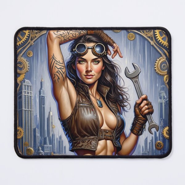 Item preview, Steampunk Girl with wrench wearing a leather vest on a detailed industrial background designed and sold by Vintage Designs +.
