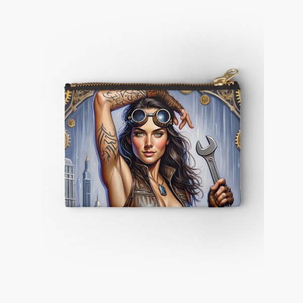 Item preview, Steampunk Girl with wrench wearing a leather vest on a detailed industrial background designed and sold by Vintage Designs +.