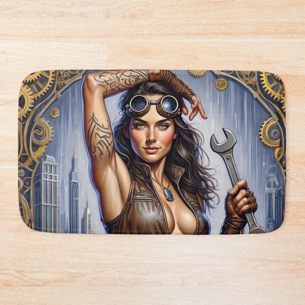 Item preview, Steampunk Girl with wrench wearing a leather vest on a detailed industrial background designed and sold by Vintage Designs +.