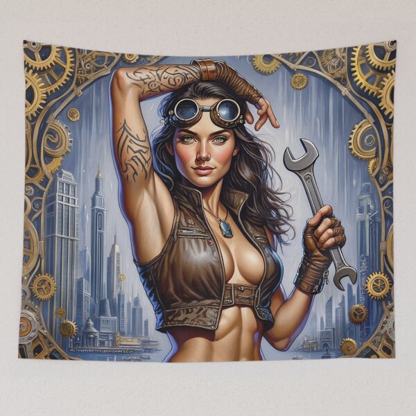 Item preview, Steampunk Girl with wrench wearing a leather vest on a detailed industrial background designed and sold by Vintage Designs +.
