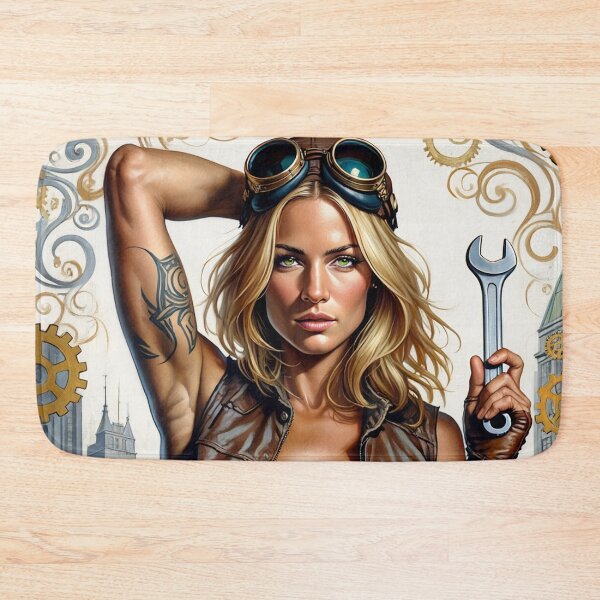 Item preview,  Steampunk Girl with wrench wearing a leather vest on a detailed industrial background designed and sold by Vintage Designs +.