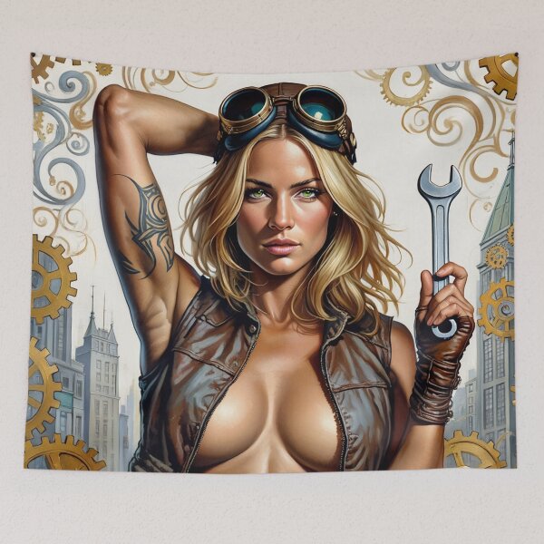 Item preview,  Steampunk Girl with wrench wearing a leather vest on a detailed industrial background designed and sold by Vintage Designs +.