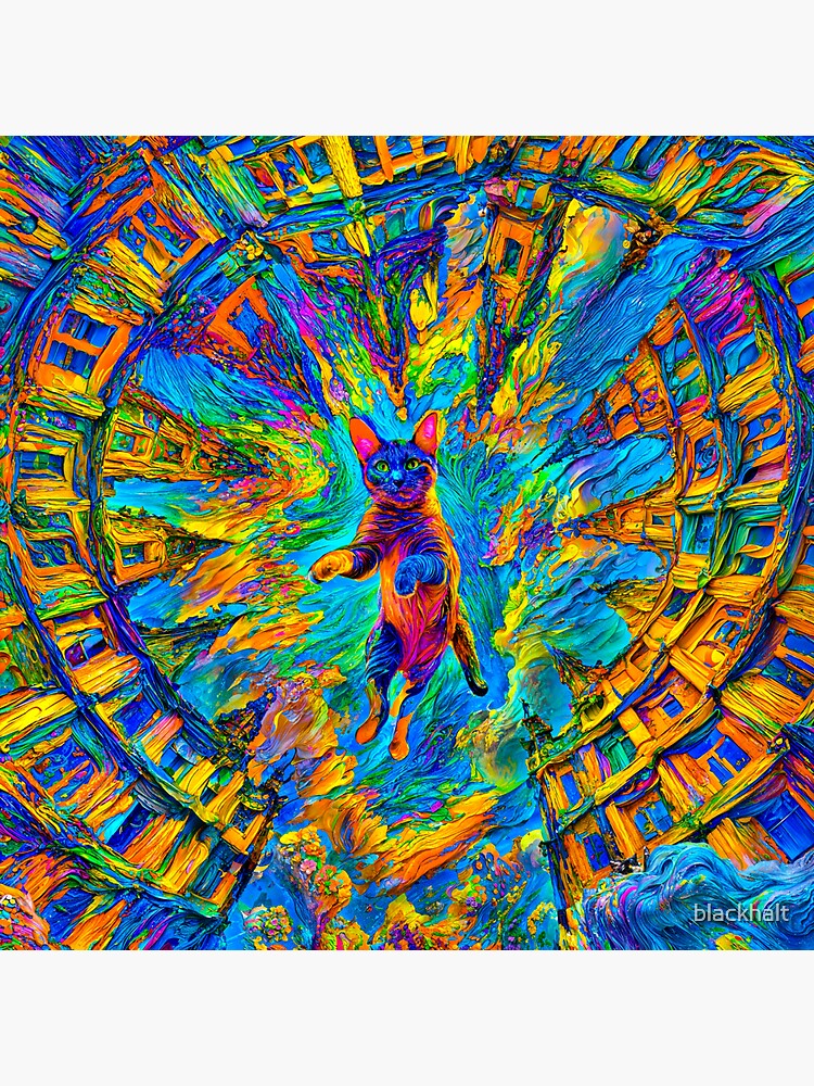 Thumbnail 3 of 3, Sticker, Cat Between Worlds in Falling Sky Spiral designed and sold by blackhalt.