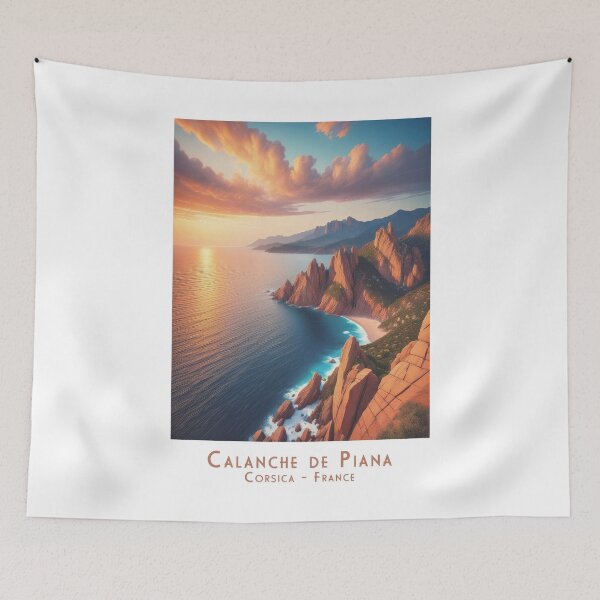 Item preview, Calanche de Piana – Magical retro vintage coastal view at sunset, Corsica landscape art designed and sold by pod24.