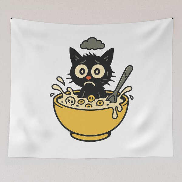 Item preview, Unlucky Cat in Cursed Cereal Bowl – Retro Cartoon Design designed and sold by OtakuQuotes.