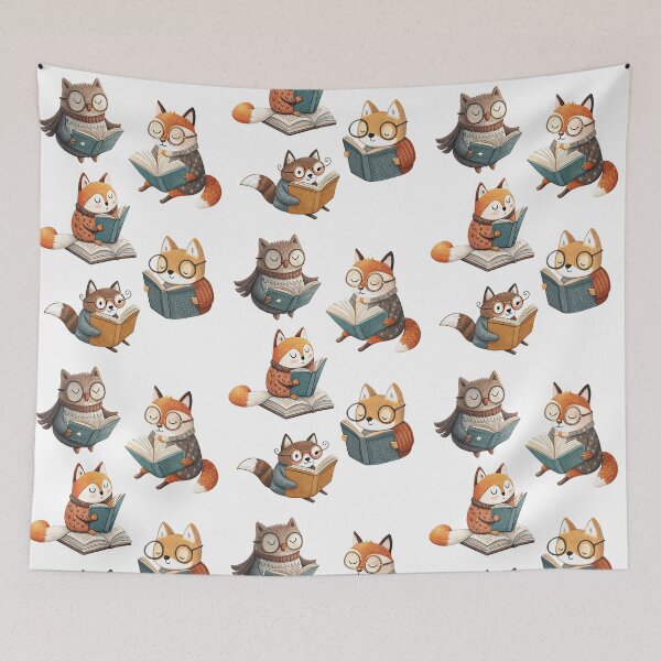Item preview, Owl, Fox, and Cat Wearing Glasses Reading Books – Cute Animal Illustration designed and sold by PnrArtDesign.