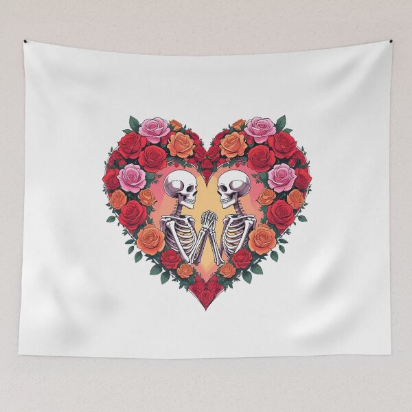 Item preview, Skeleton Couple Holding Hands Inside a Heart of Roses – Romantic Floral Design designed and sold by ColorSplash123.