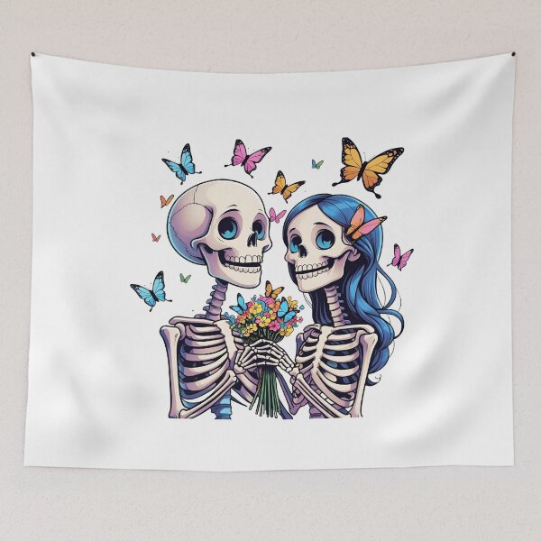 Item preview, Skeleton Boy Giving Butterfly Bouquet to Girl – Romantic Gothic Skeleton Art designed and sold by ColorSplash123.