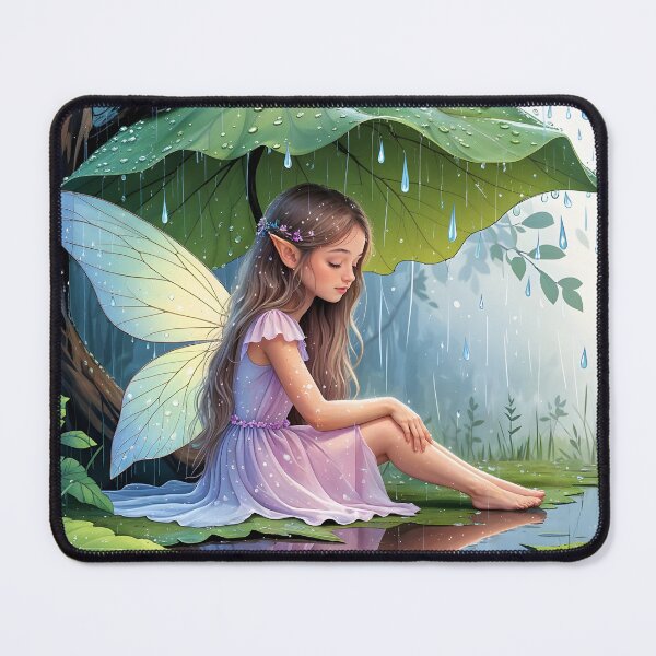 Item preview, A beautiful fairy girl  sitting quietly under a large leaf from the rain. designed and sold by chathai.