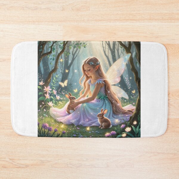 Item preview, A beautiful fairy girl  sitting gently in a magical forest, playing with an adorable little  rabbits. designed and sold by chathai.