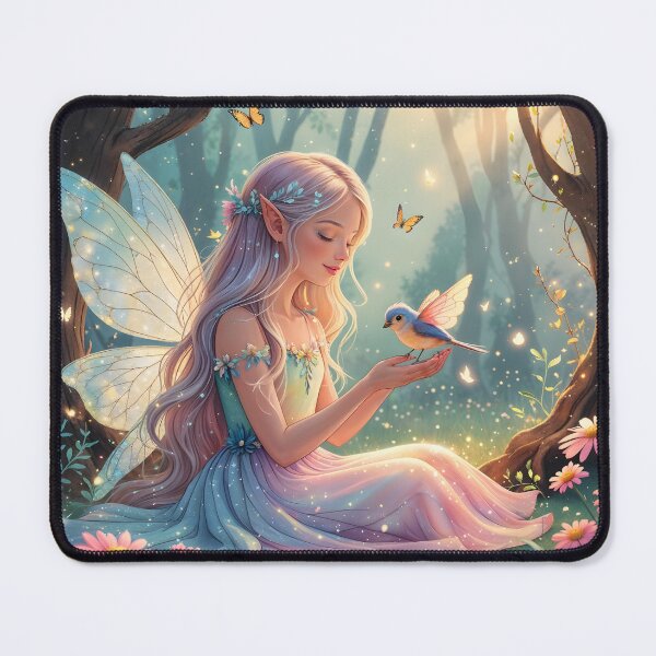 Item preview, A beautiful fairy girl sitting gently in a magical forest, playing with an adorable little birds. designed and sold by chathai.