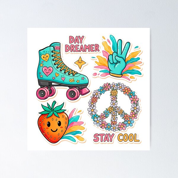 Item preview, Groovy 70s Retro Sticker Pack | Hippie Roller Skate, Floral Peace Sign & Cute Strawberry designed and sold by j-2k.