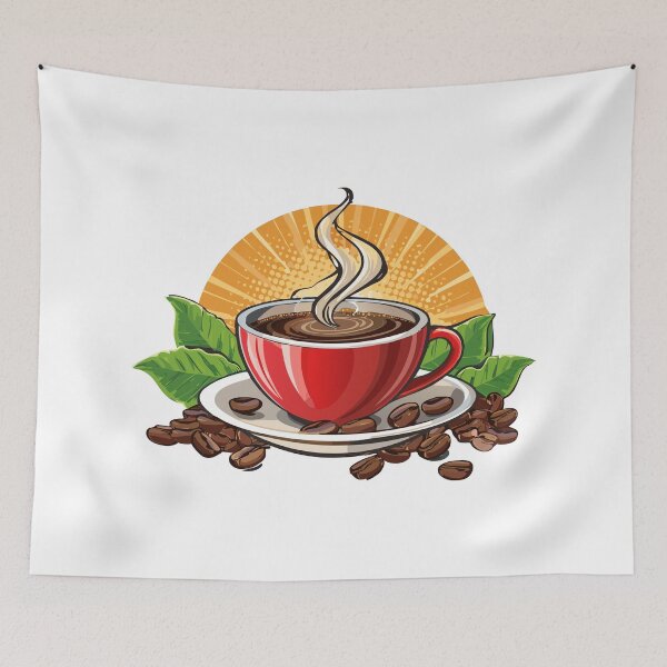 Item preview, Red coffee cup on a saucer filled with coffee, realistic coffee cup with smoke, Coffee cup beverage, cafe breakfast illustration, Tasty Coffee, hot cup of coffee, coffee beans next to the cup designed and sold by Danler.