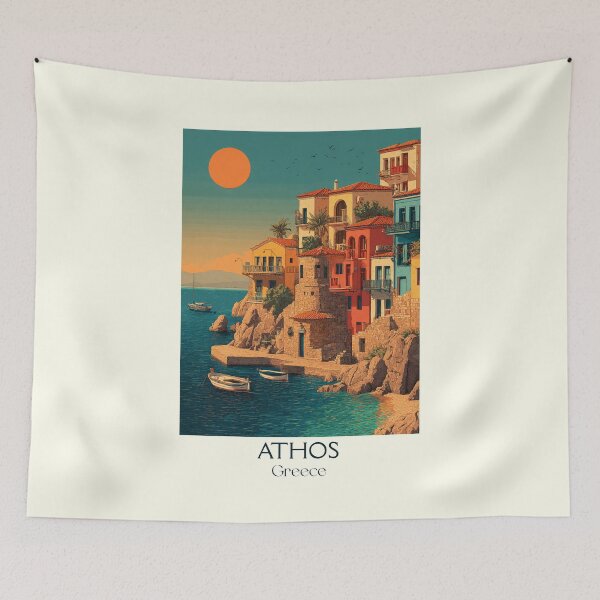 Item preview, Mount Athos Poster – Greek Monastery Coast in Vintage Style designed and sold by TuncGK.