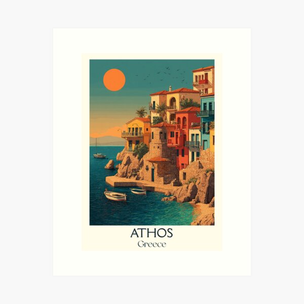 Item preview, Mount Athos Poster – Greek Monastery Coast in Vintage Style designed and sold by TuncGK.