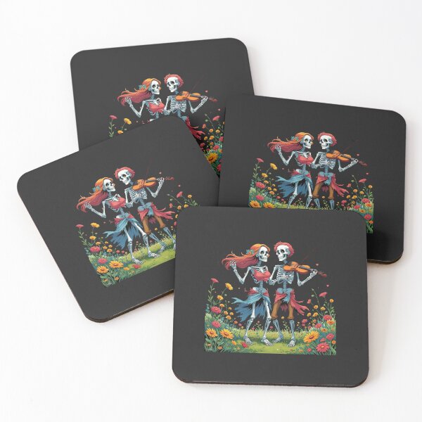Item preview, Skeleton Couple Playing Guitar and Violin in a Flower Field – Romantic Musical Skeleton Art designed and sold by ColorSplash123.