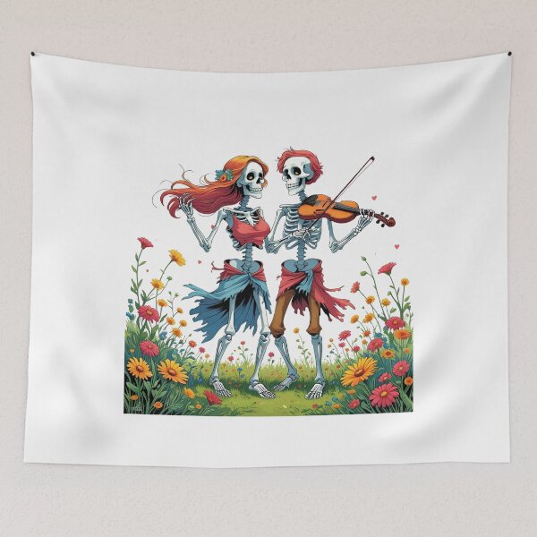 Item preview, Skeleton Couple Playing Guitar and Violin in a Flower Field – Romantic Musical Skeleton Art designed and sold by ColorSplash123.
