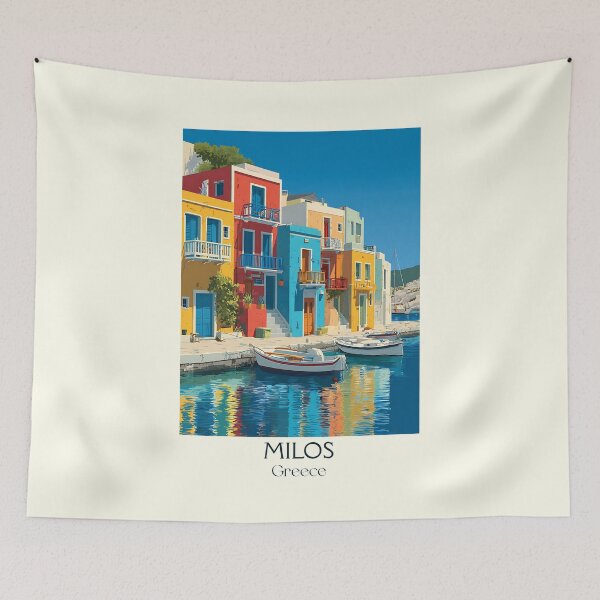 Item preview, Milos Poster – Greek Island Harbor in Colorful Retro Art designed and sold by TuncGK.