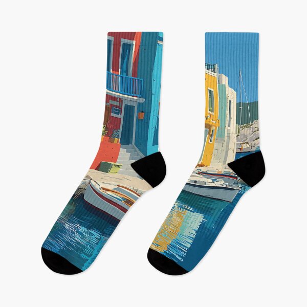 Item preview, Milos Poster – Greek Island Harbor in Colorful Retro Art designed and sold by TuncGK.